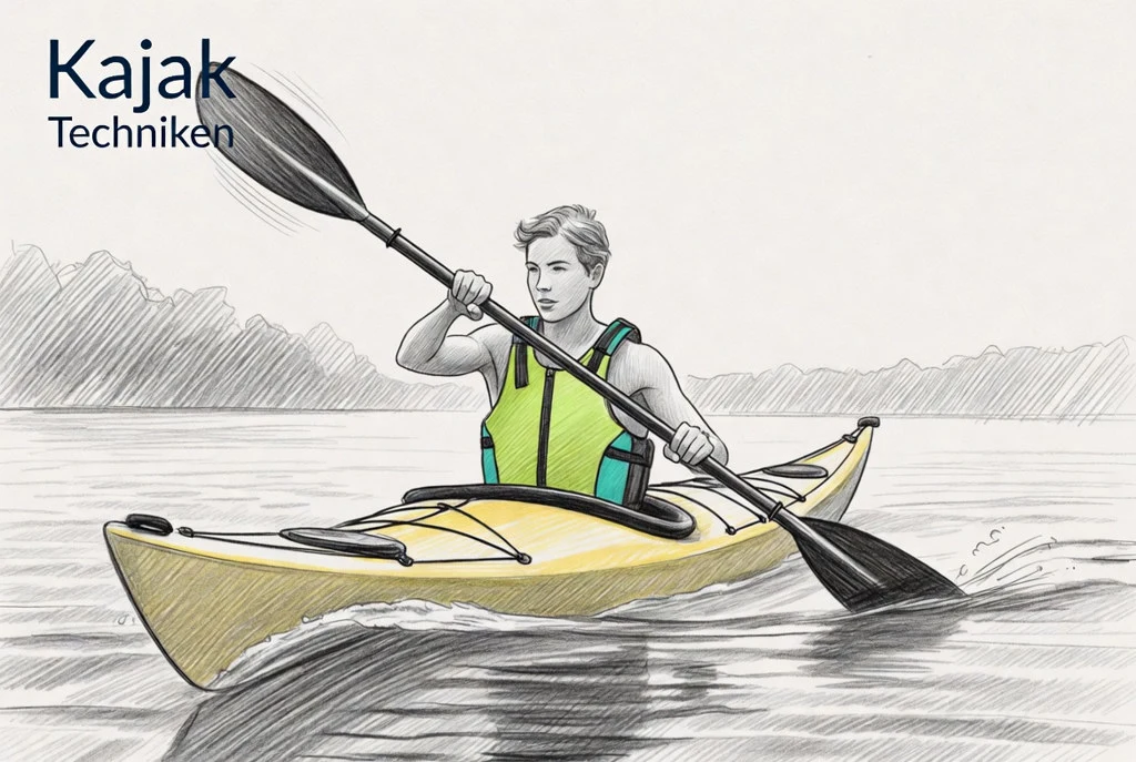 Bleistift-Skizze: Paddler im gelben Kajak auf ruhigem Wasser — Kajak-Techniken im Aquadock Paddle Guide.
