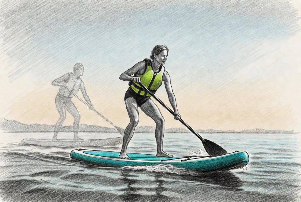 Bleistift-Skizze: Paddlerin im Vorwärtsschlag auf einem SUP auf ruhigem See mit Bergen im Hintergrund.