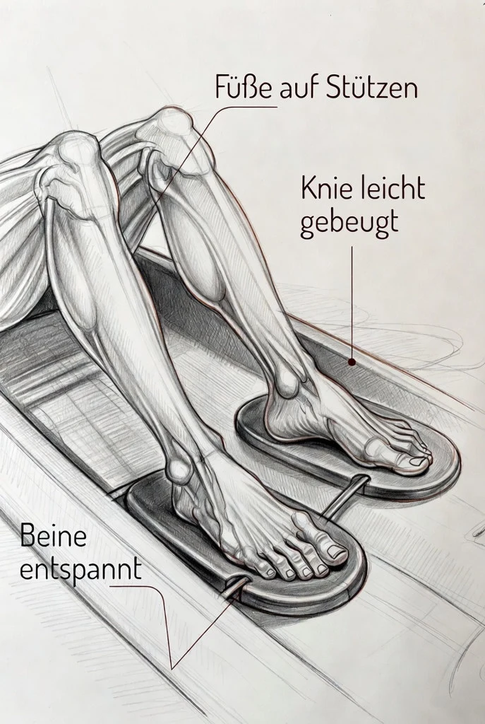 Füße auf Fußstütze, Knie an Schenkelstütze.