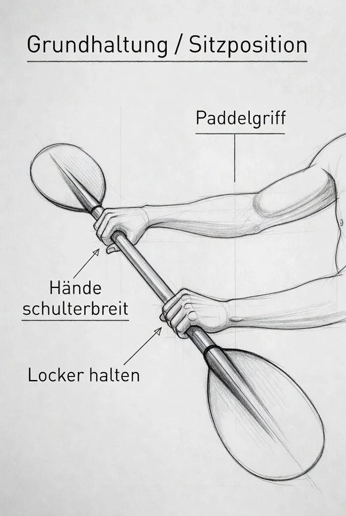 Schulterbreiter Paddelgriff mit 90°-Ellbogen.